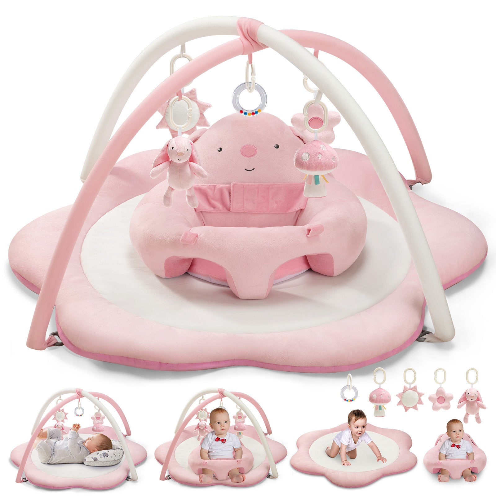 PRVAETU Baby Gym Play Mat, Sitting-up Babies Seats for Infants,with 5 Detachable Toys, Infant Toddler Activity Tummy Time Playmats for Newborn 0-12 Months