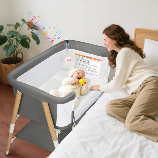 PRVAETU 3 in 1 Bassinet Bedside Sleeper for Baby,Infant Bassinet W/ Music Toy,4 Wheels,Adjustable 5 Height,Mattress,Mosquito Net,Basket,Carry Bag