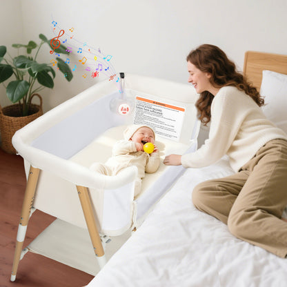 PRVAETU 3 in 1 Bassinet Bedside Sleeper for Baby,Infant Bassinet W/ Music Toy,4 Wheels,Adjustable 5 Height,Mattress,Mosquito Net,Basket,Carry Bag