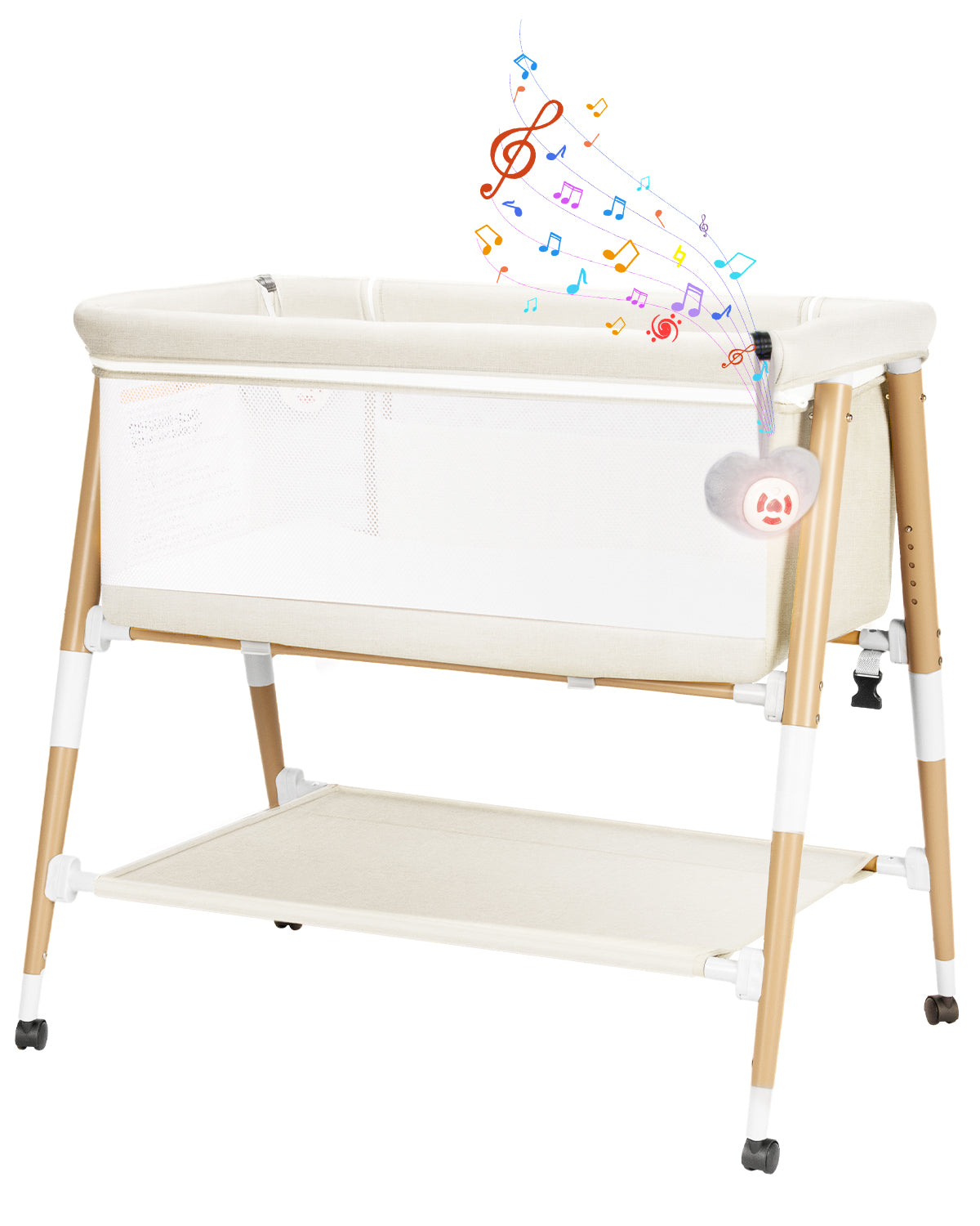 PRVAETU 3 in 1 Bassinet Bedside Sleeper for Baby,Infant Bassinet W/ Music Toy,4 Wheels,Adjustable 5 Height,Mattress,Mosquito Net,Basket,Carry Bag