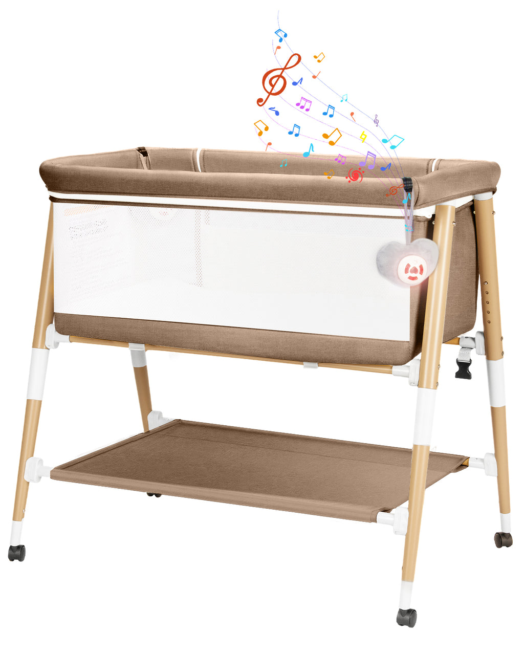 PRVAETU 3 in 1 Bassinet Bedside Sleeper for Baby,Infant Bassinet W/ Music Toy,4 Wheels,Adjustable 5 Height,Mattress,Mosquito Net,Basket,Carry Bag
