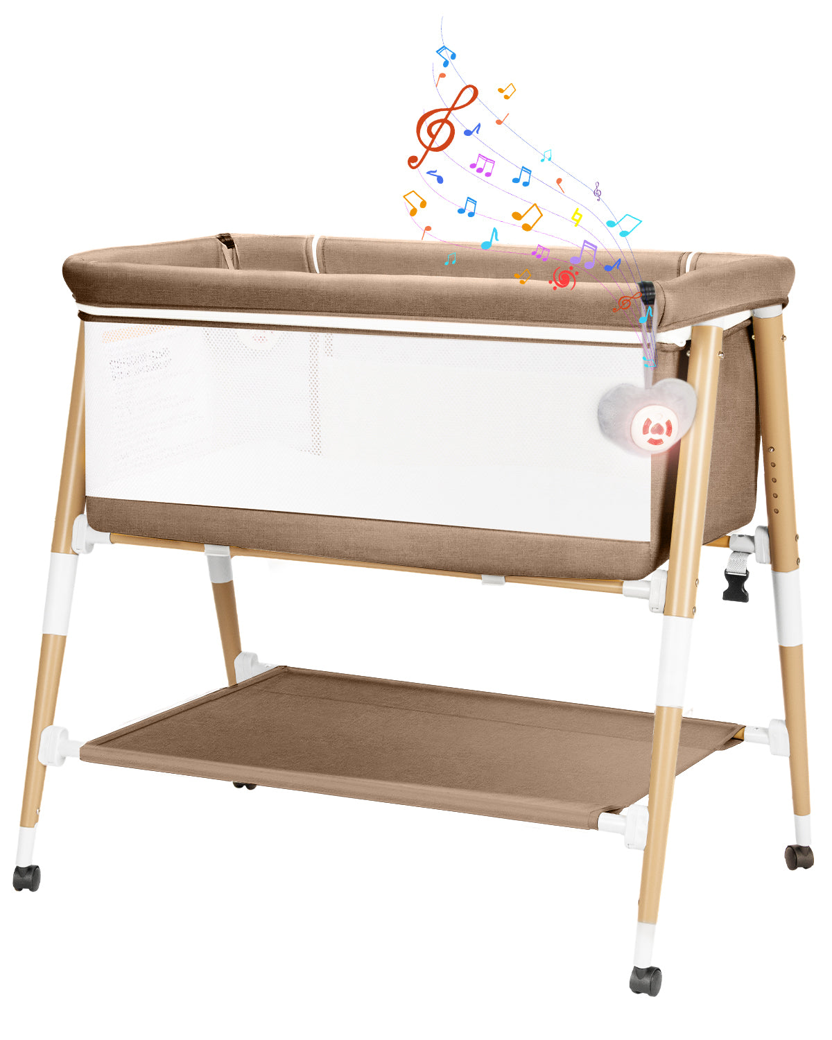 PRVAETU 3 in 1 Bassinet Bedside Sleeper for Baby,Infant Bassinet W/ Music Toy,4 Wheels,Adjustable 5 Height,Mattress,Mosquito Net,Basket,Carry Bag