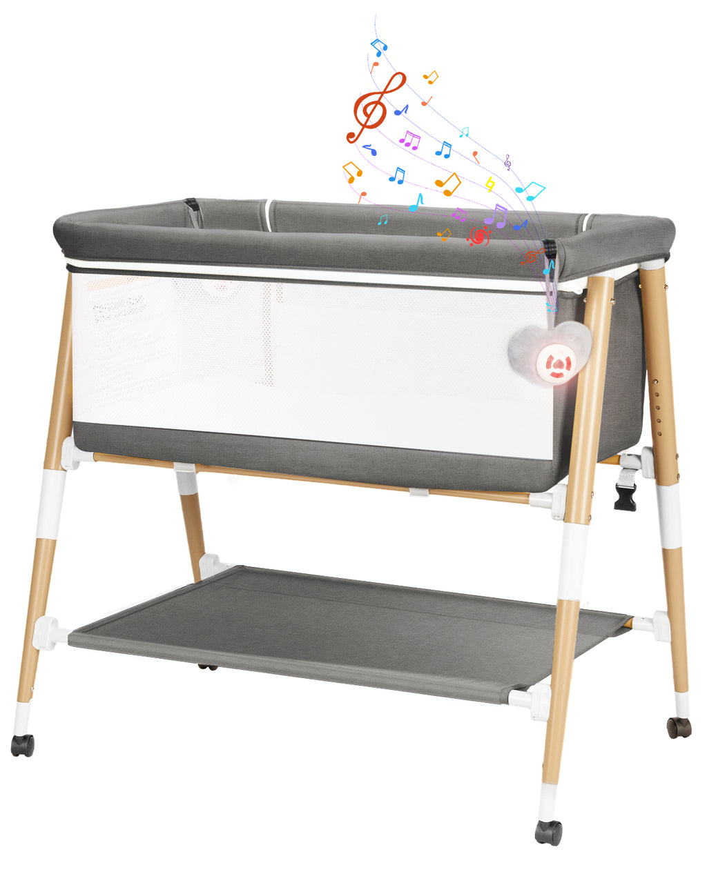 PRVAETU 3 in 1 Bassinet Bedside Sleeper for Baby,Infant Bassinet W/ Music Toy,4 Wheels,Adjustable 5 Height,Mattress,Mosquito Net,Basket,Carry Bag