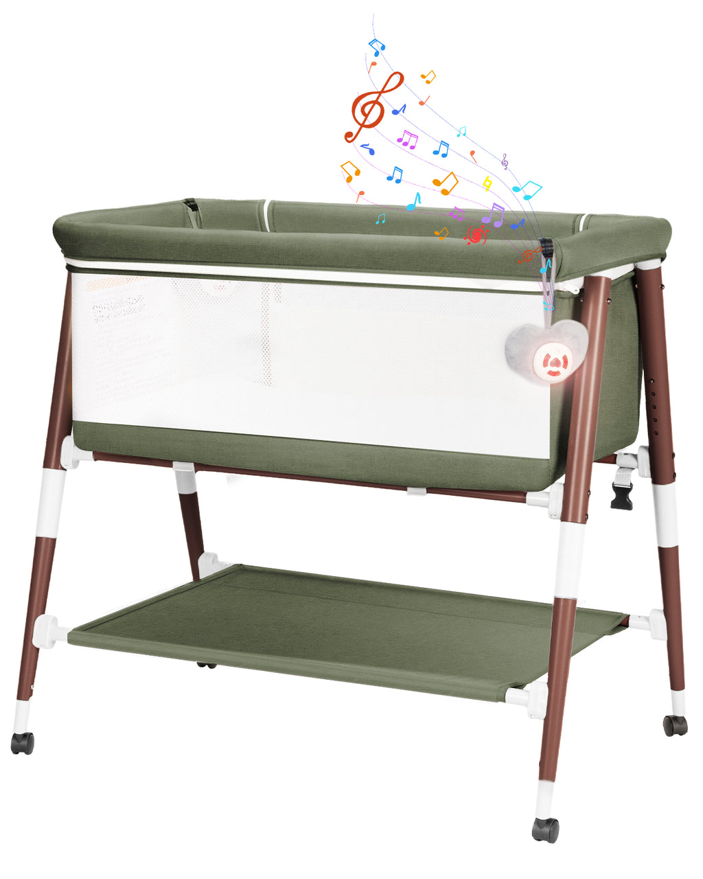 PRVAETU 3 in 1 Bassinet Bedside Sleeper for Baby,Infant Bassinet W/ Music Toy,4 Wheels,Adjustable 5 Height,Mattress,Mosquito Net,Basket,Carry Bag