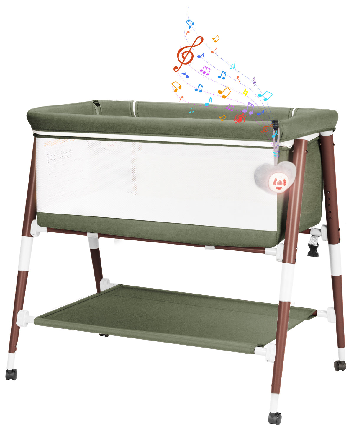 PRVAETU 3 in 1 Bassinet Bedside Sleeper for Baby,Infant Bassinet W/ Music Toy,4 Wheels,Adjustable 5 Height,Mattress,Mosquito Net,Basket,Carry Bag