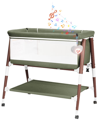 PRVAETU 3 in 1 Bassinet Bedside Sleeper for Baby,Infant Bassinet W/ Music Toy,4 Wheels,Adjustable 5 Height,Mattress,Mosquito Net,Basket,Carry Bag