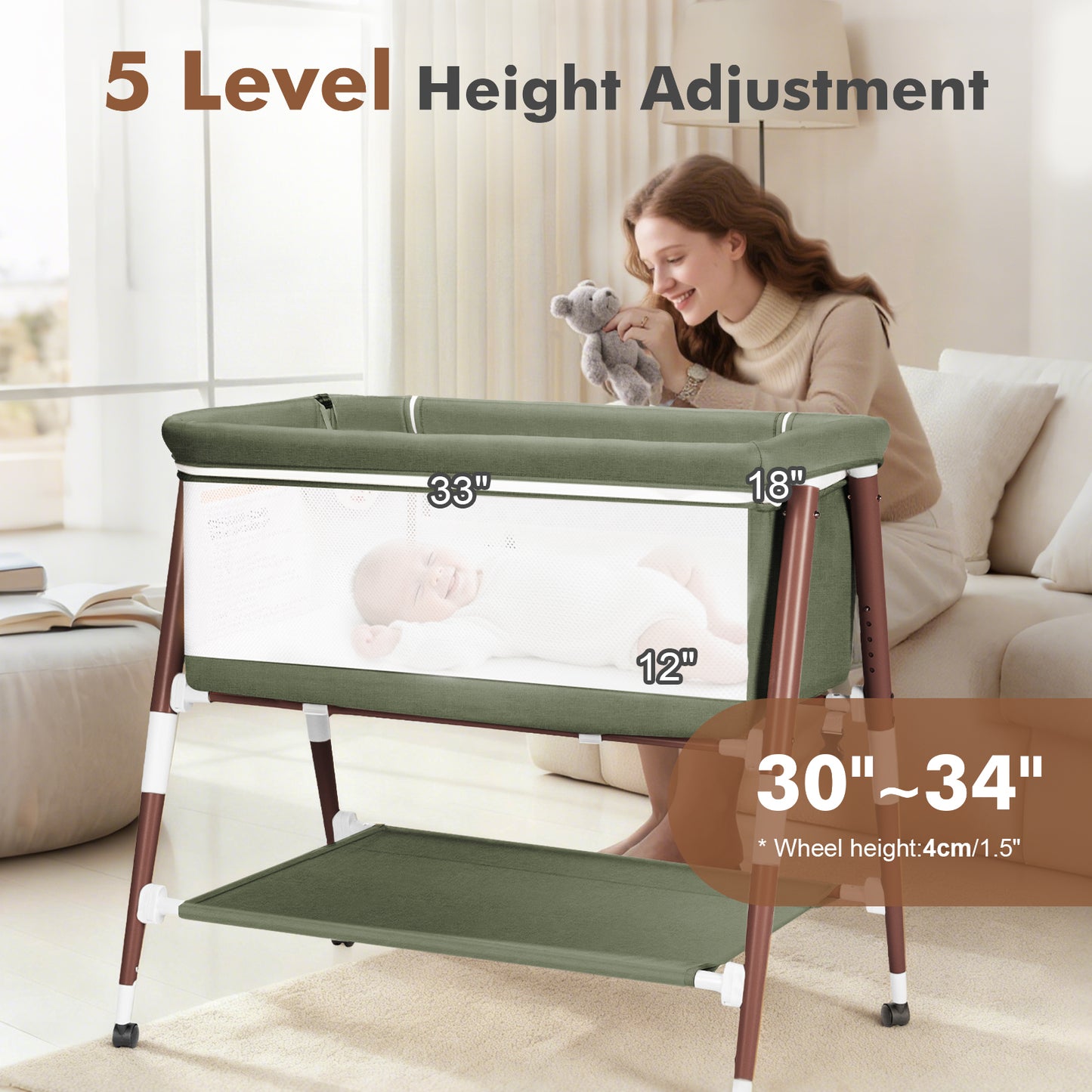 PRVAETU 3 in 1 Bassinet Bedside Sleeper for Baby,Infant Bassinet W/ Music Toy,4 Wheels,Adjustable 5 Height,Mattress,Mosquito Net,Basket,Carry Bag