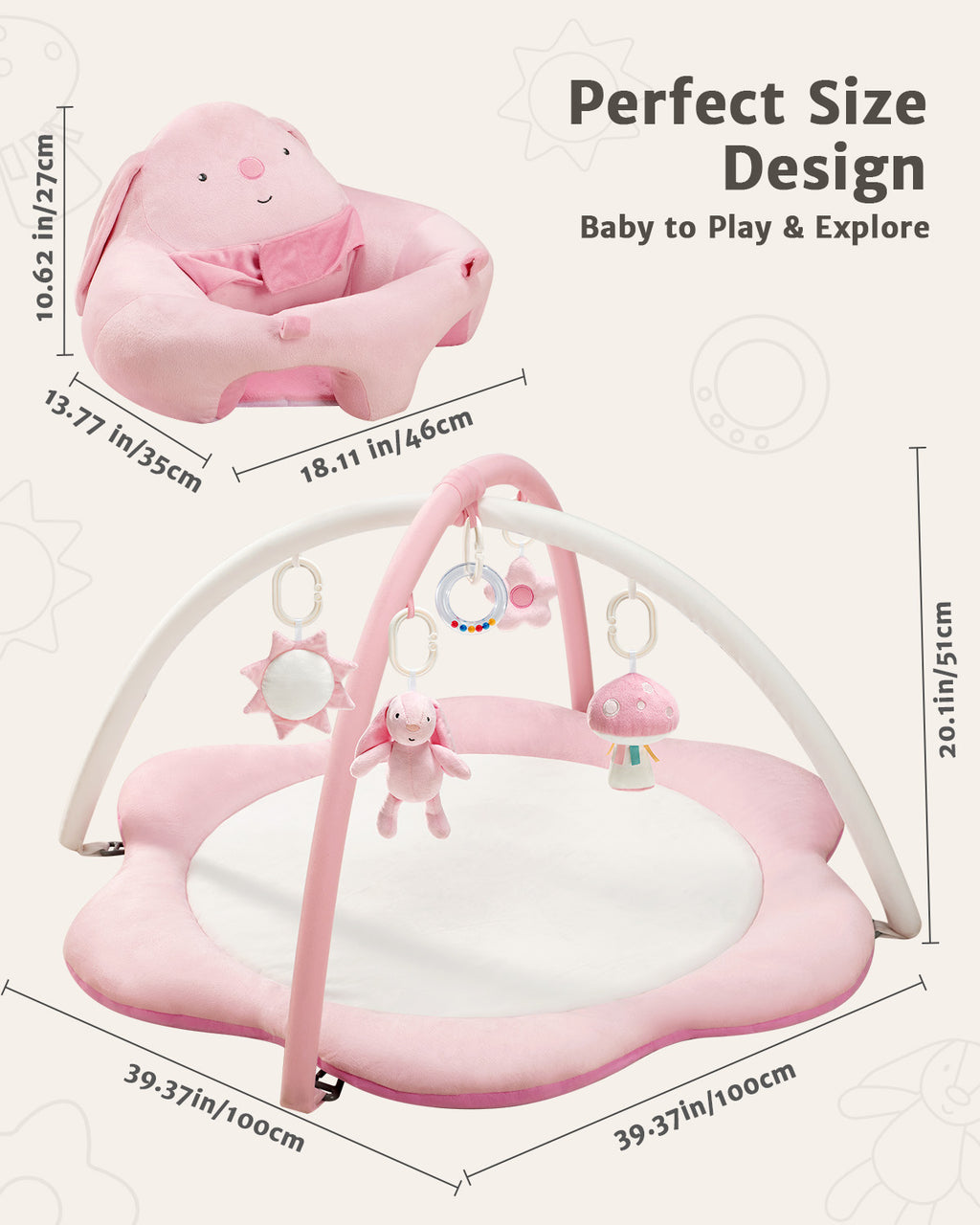 PRVAETU Baby Gym Play Mat, Sitting-up Babies Seats for Infants,with 5 Detachable Toys, Infant Toddler Activity Tummy Time Playmats for Newborn 0-12 Months