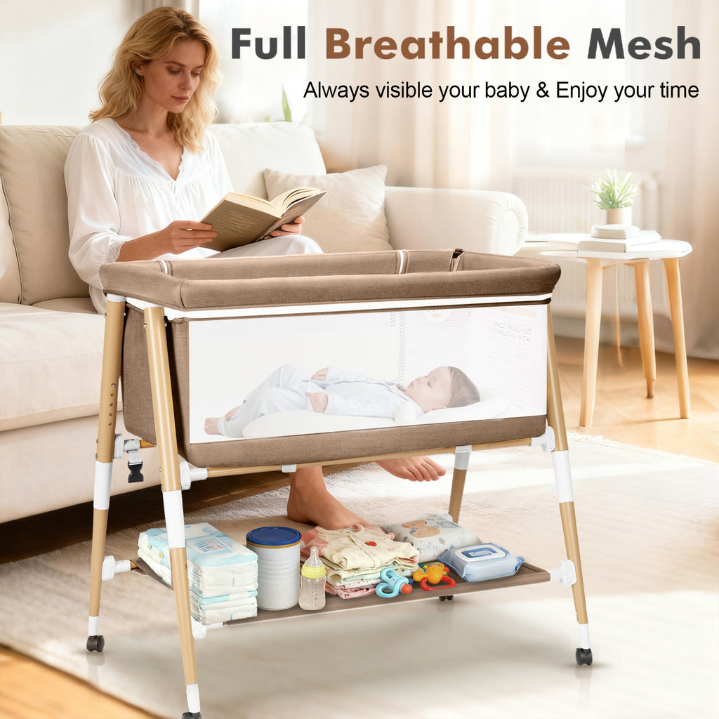 PRVAETU 3 in 1 Bassinet Bedside Sleeper for Baby,Infant Bassinet W/ Music Toy,4 Wheels,Adjustable 5 Height,Mattress,Mosquito Net,Basket,Carry Bag