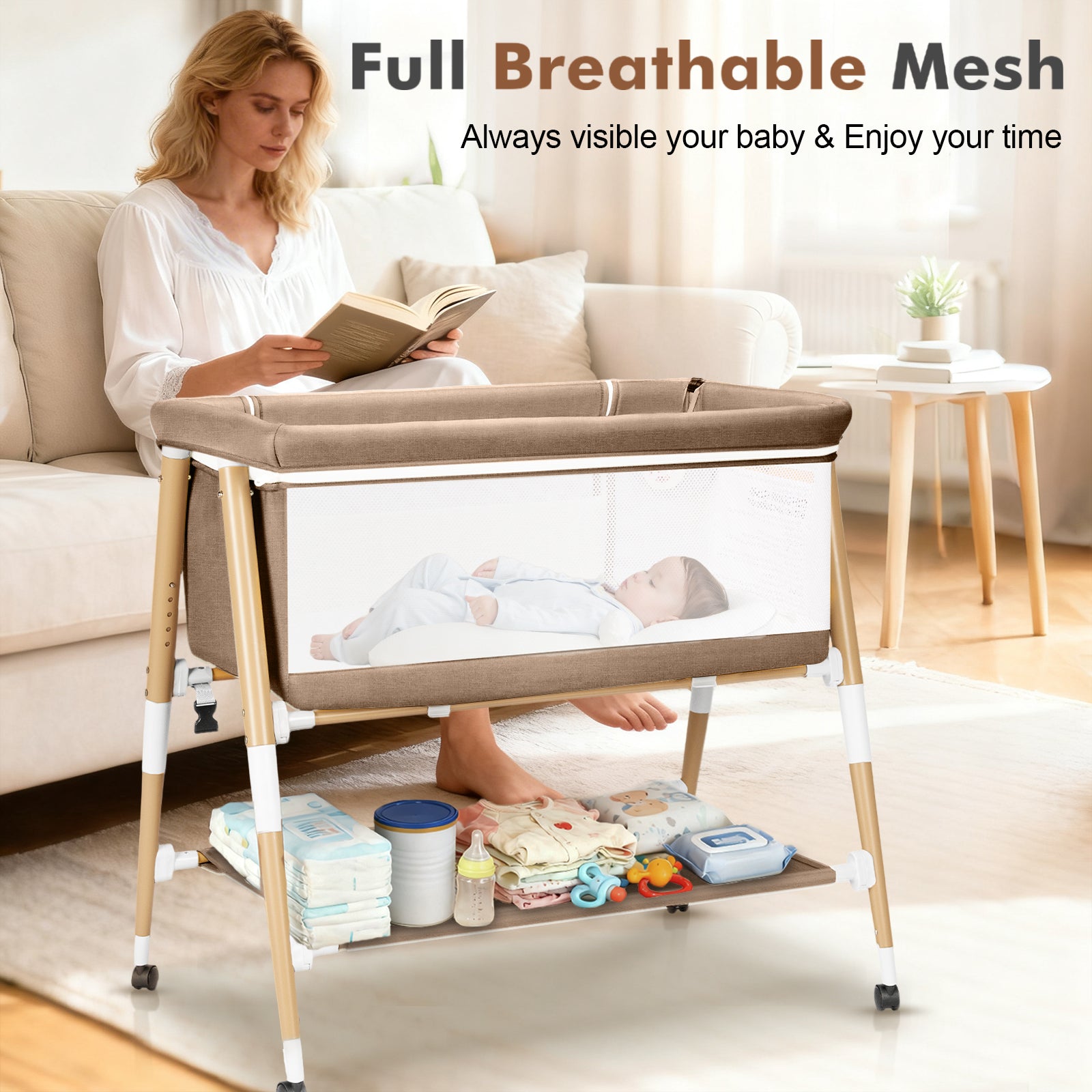 PRVAETU 3 in 1 Bassinet Bedside Sleeper for Baby,Infant Bassinet W/ Music Toy,4 Wheels,Adjustable 5 Height,Mattress,Mosquito Net,Basket,Carry Bag