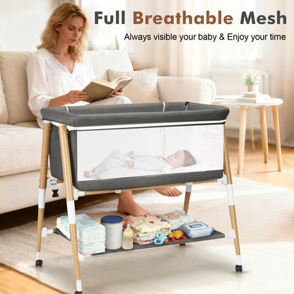 PRVAETU 3 in 1 Bassinet Bedside Sleeper for Baby,Infant Bassinet W/ Music Toy,4 Wheels,Adjustable 5 Height,Mattress,Mosquito Net,Basket,Carry Bag