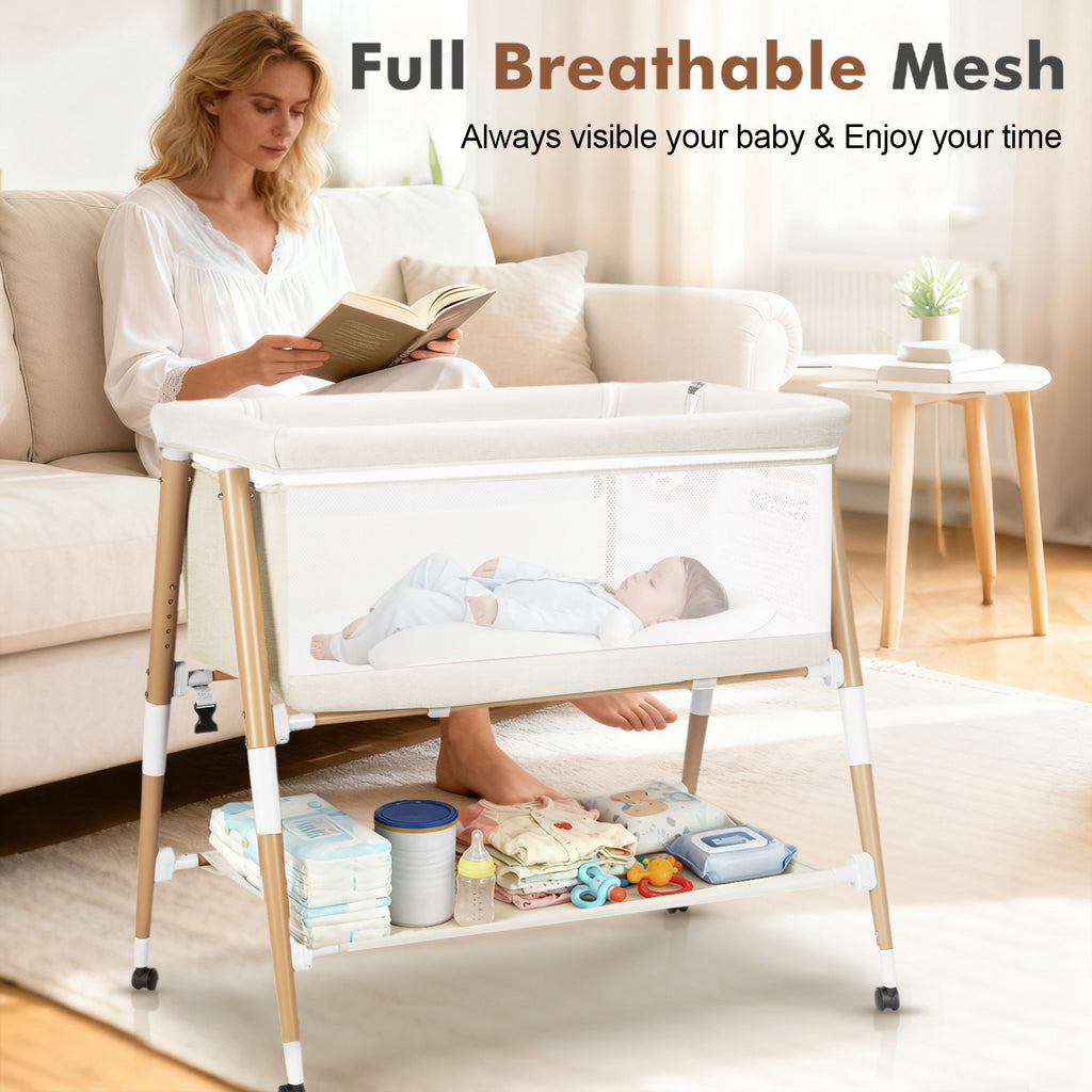 PRVAETU 3 in 1 Bassinet Bedside Sleeper for Baby,Infant Bassinet W/ Music Toy,4 Wheels,Adjustable 5 Height,Mattress,Mosquito Net,Basket,Carry Bag