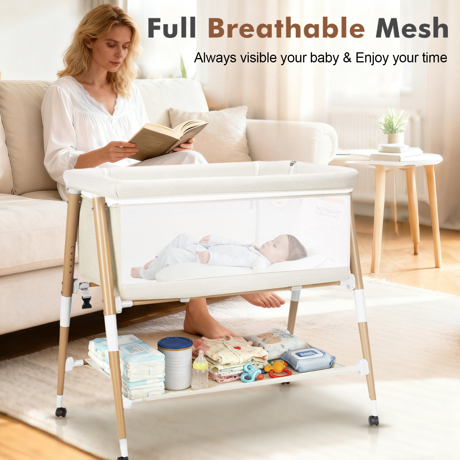 PRVAETU 3 in 1 Bassinet Bedside Sleeper for Baby,Infant Bassinet W/ Music Toy,4 Wheels,Adjustable 5 Height,Mattress,Mosquito Net,Basket,Carry Bag