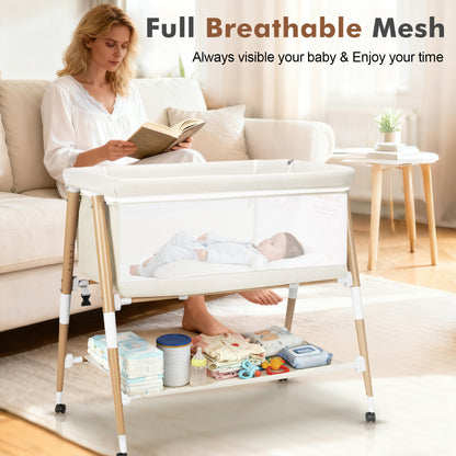 PRVAETU 3 in 1 Bassinet Bedside Sleeper for Baby,Infant Bassinet W/ Music Toy,4 Wheels,Adjustable 5 Height,Mattress,Mosquito Net,Basket,Carry Bag