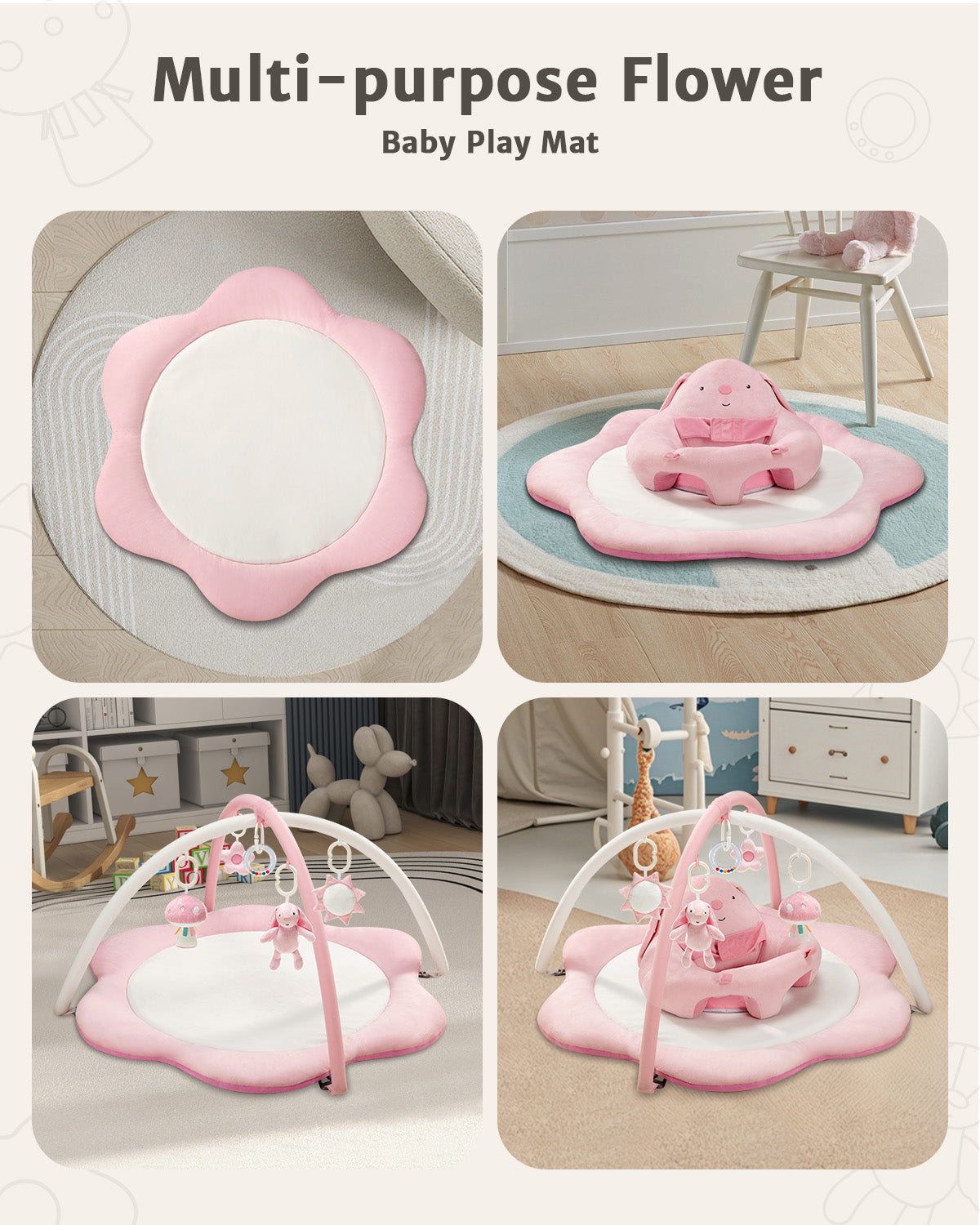 PRVAETU Baby Gym Play Mat, Sitting-up Babies Seats for Infants,with 5 Detachable Toys, Infant Toddler Activity Tummy Time Playmats for Newborn 0-12 Months