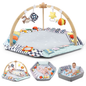 PRVAETU Baby Play Mat with Foldable Raised Edges, Wooden Gym & 6-in-1 Activity Center, Convertible Ball Pit, Sensory Playmat for Infants 6-18 Months