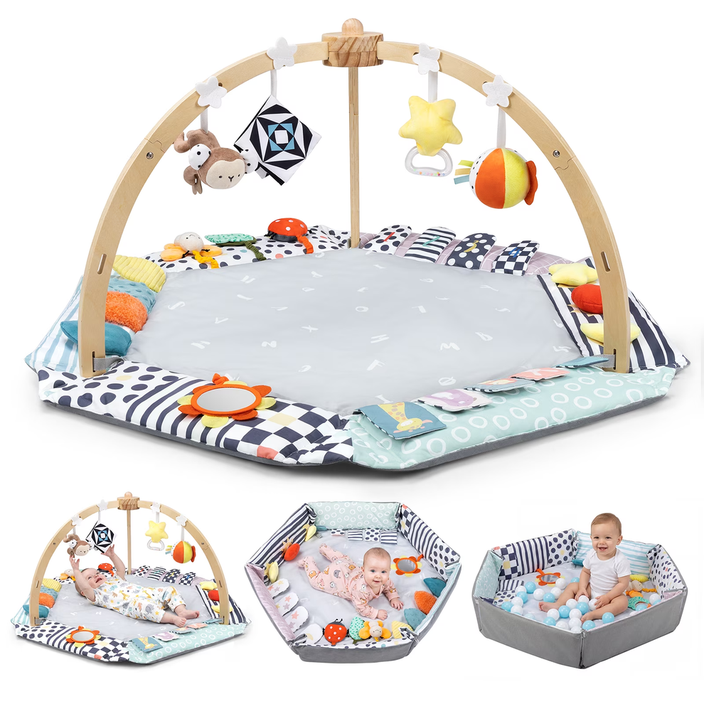 PRVAETU Baby Play Mat with Foldable Raised Edges, Wooden Gym & 6-in-1