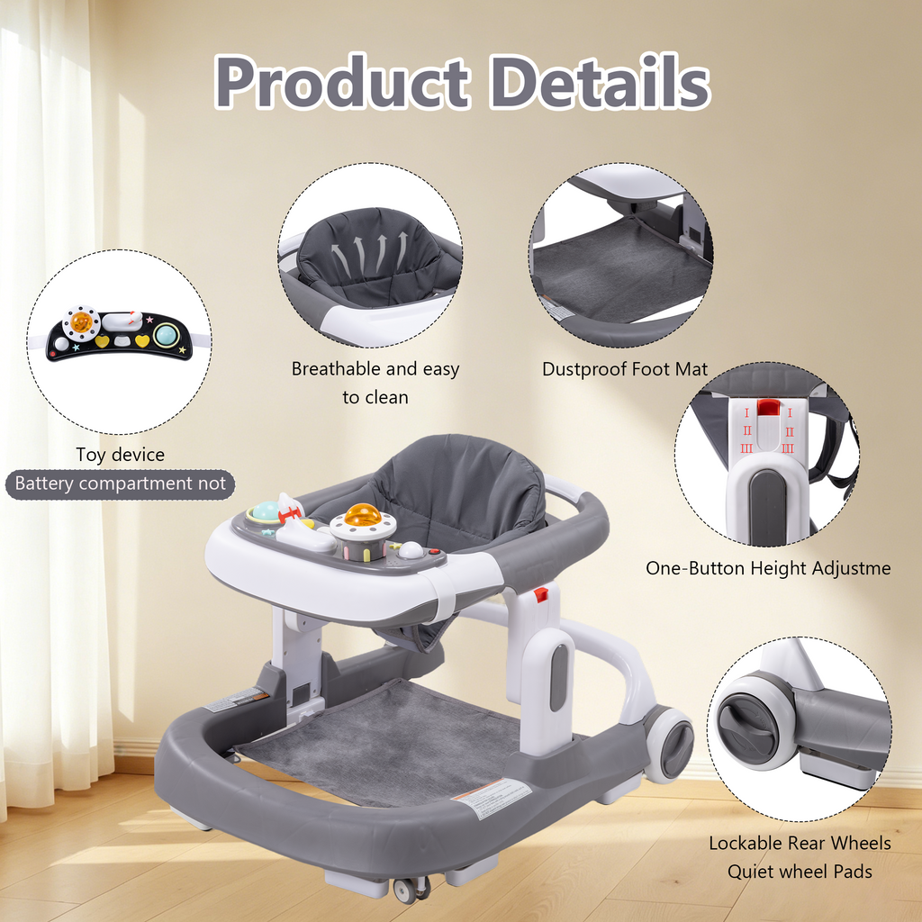 4-in-1 Baby Walker with Wheels, Adjustable Height, Music and Light for Girls Boys Infant 6-18 Months