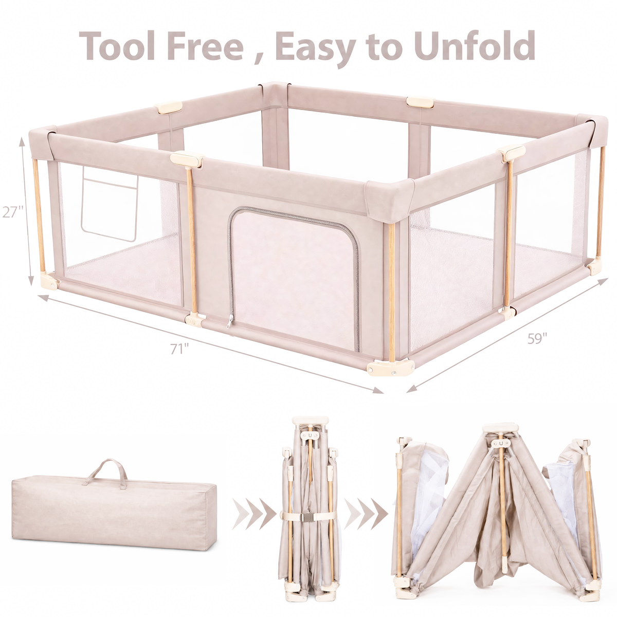 PRVAETU Foldable Baby Playpen with 50 Ocean Balls,Collapsible Play Pen for Babies and Toddlers,Khaki