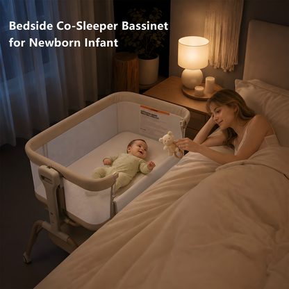 PRVATEU 4-in-1 Baby Bassinet Bedside Sleeper with Rocking Mode,8 Adjustable Heights,Wheels and Storage Basket,Beige