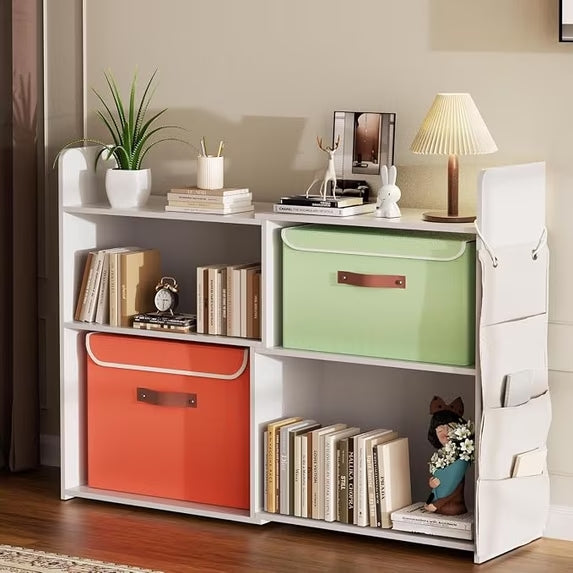 PRVAETU 4 Cube Storage Organizer, 32inch Wooden Extendable Book Shelf DIY Bookcase with 2 pcs Storage Cabinet and Side Pockets, Open Storage Cabinet for Living Room, Bedroom, Home, Office