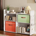 PRVAETU 4 Cube Storage Organizer, 32inch Wooden Extendable Book Shelf DIY Bookcase with 2 pcs Storage Cabinet and Side Pockets, Open Storage Cabinet for Living Room, Bedroom, Home, Office