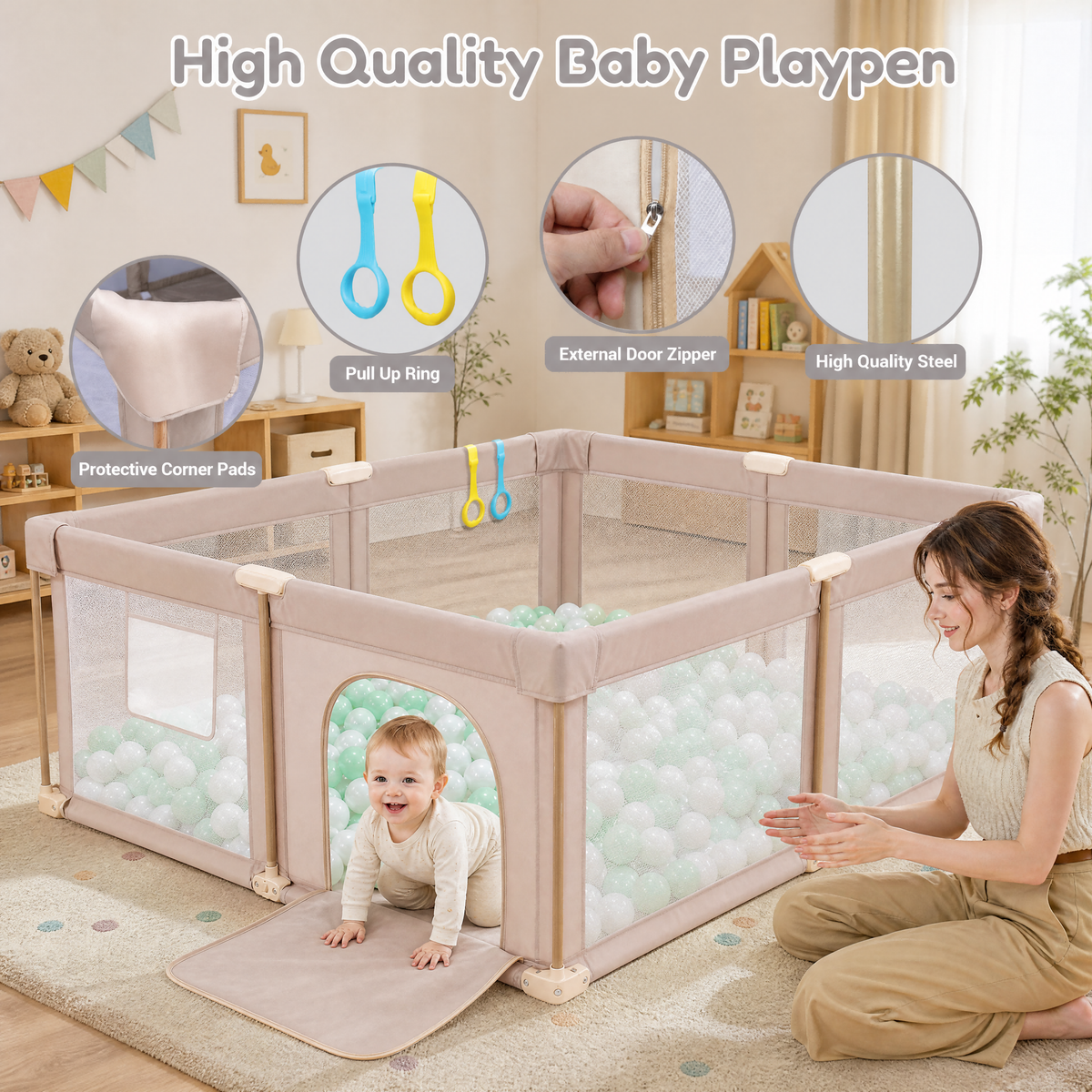 PRVAETU Foldable Baby Playpen with 50 Ocean Balls,Collapsible Play Pen for Babies and Toddlers,Khaki