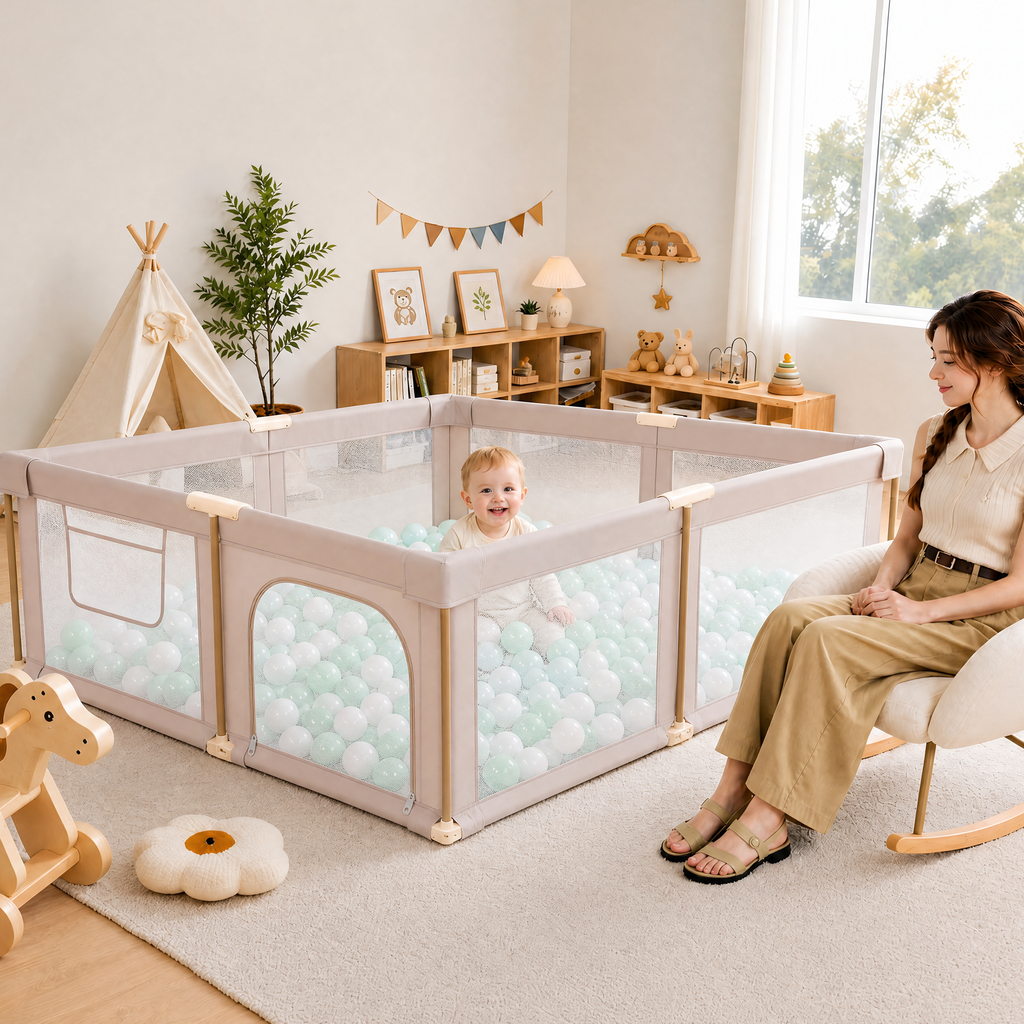 PRVAETU Foldable Baby Playpen with 50 Ocean Balls,Collapsible Play Pen for Babies and Toddlers,Khaki