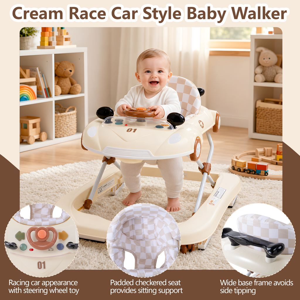 PRVAETU 5 in 1 Baby Walker Car-Shaped with Music,Lights,Foldable,Jumper,Rocking,Removable Plate for Infant Boys 6-18 Months