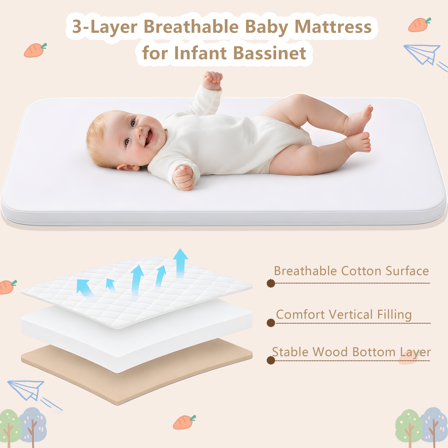 PRVATEU 4-in-1 Baby Bassinet Bedside Sleeper with Rocking Mode,8 Adjustable Heights,Wheels and Storage Basket,Beige