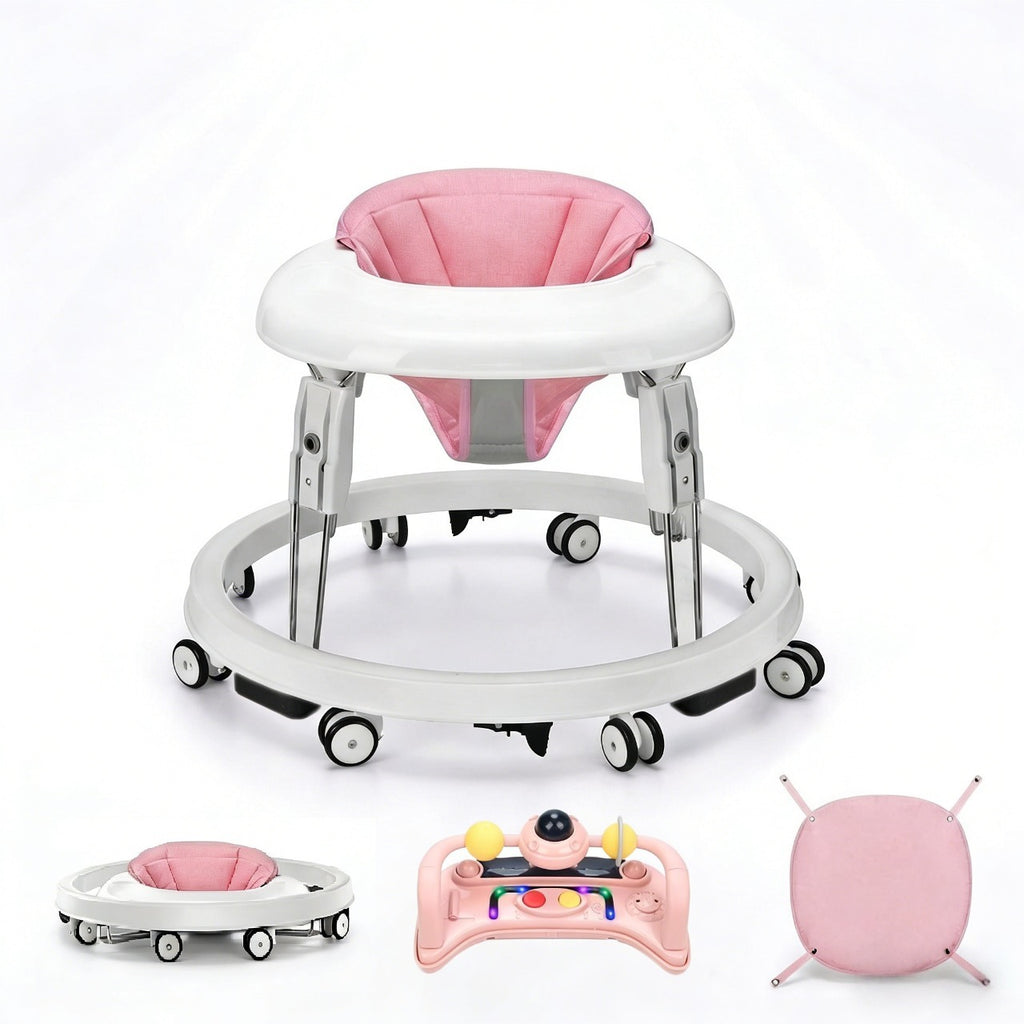 PRVAETU Foldable Baby Walker Activity Center W/ Wheels,Height Adjustable,Music Toy & Foot Pad for 6-18 Months Babies Infant Boys Girls