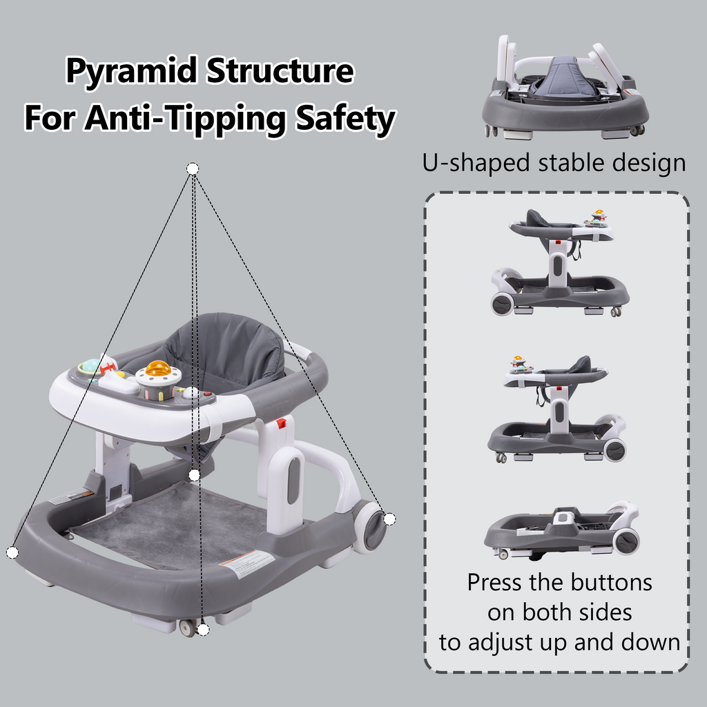 4-in-1 Baby Walker with Wheels, Adjustable Height, Music and Light for Girls Boys Infant 6-18 Months