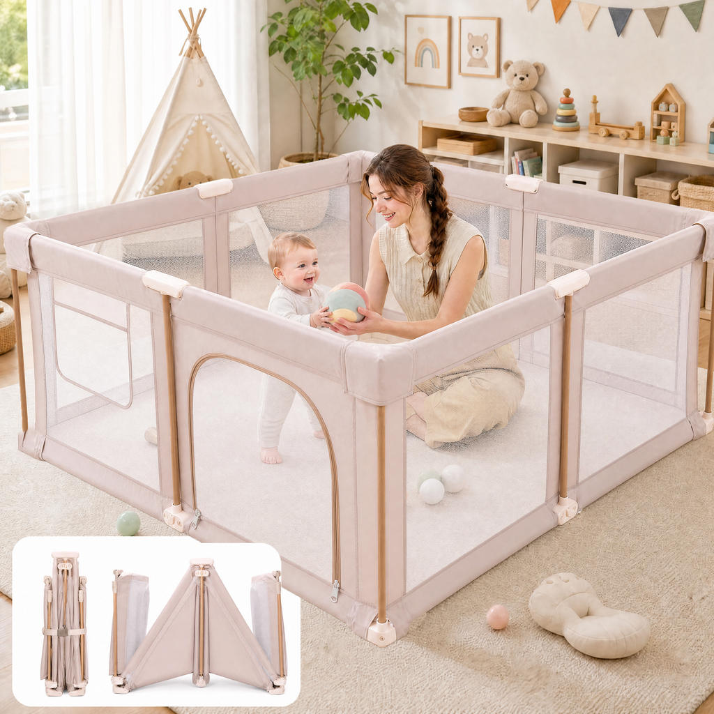 PRVAETU Foldable Baby Playpen with 50 Ocean Balls,Collapsible Play Pen for Babies and Toddlers,Khaki