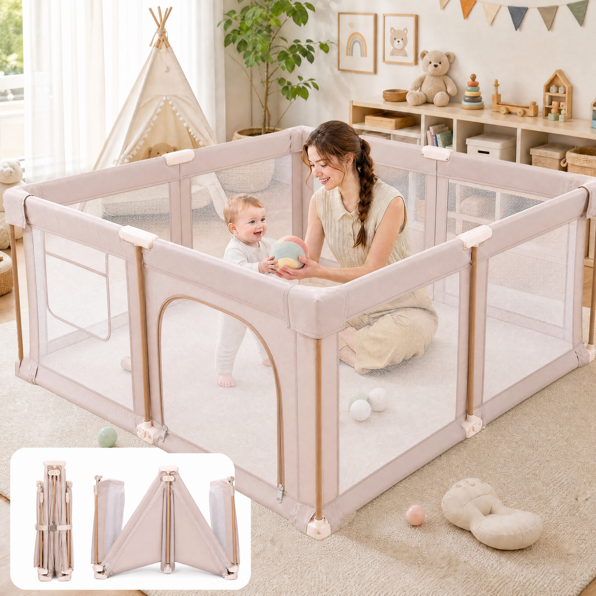 PRVAETU Foldable Baby Playpen with 50 Ocean Balls,Collapsible Play Pen for Babies and Toddlers,Khaki