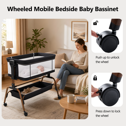 PRVATEU 4-in-1 Baby Bassinet Bedside Sleeper with Rocking Mode,8 Adjustable Heights,Wheels and Storage Basket,Beige