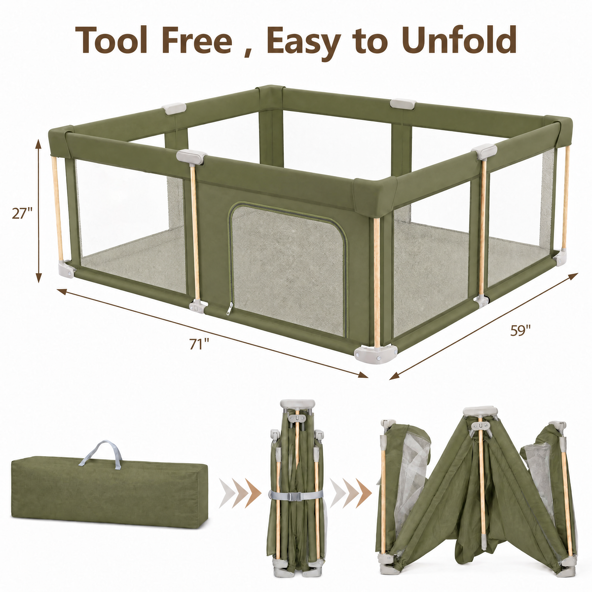 PRVAETU 59''×71'' Foldable Baby Playpen with 0.35'' Mat,Collapsible Play Pen for Babies and Toddlers,Green
