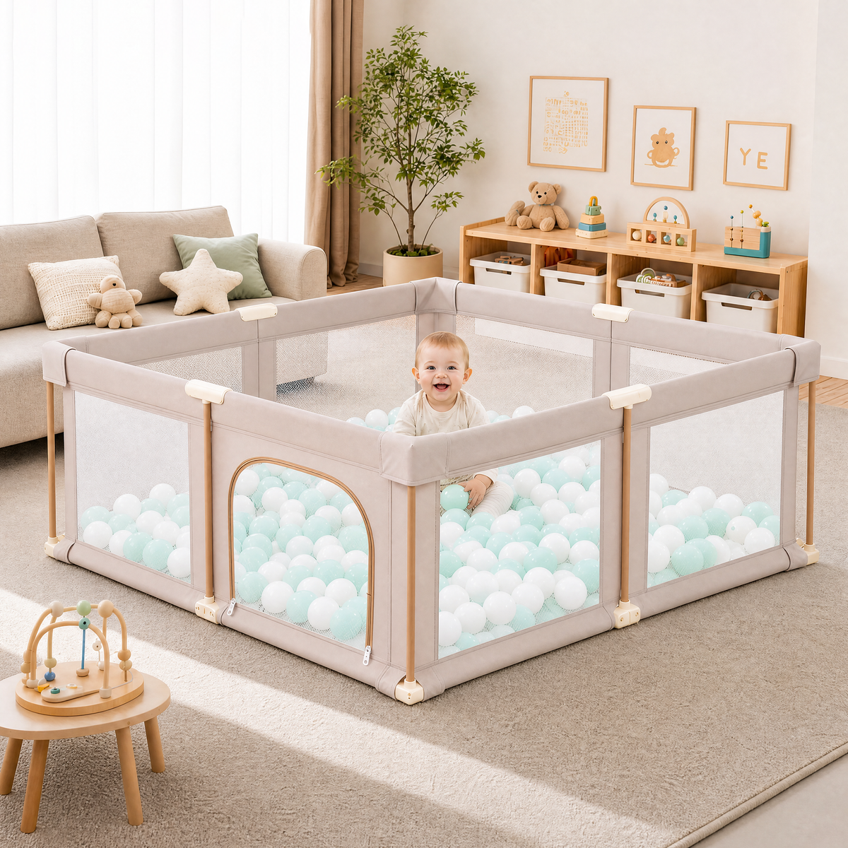 PRVAETU Foldable Baby Playpen with 50 Ocean Balls,Collapsible Play Pen for Babies and Toddlers,Khaki