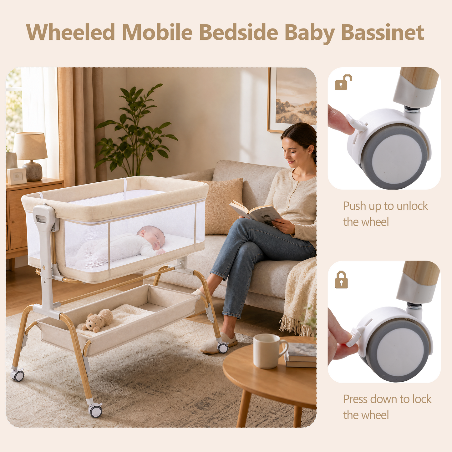 PRVATEU 4-in-1 Baby Bassinet Bedside Sleeper with Rocking Mode,8 Adjustable Heights,Wheels and Storage Basket,Beige