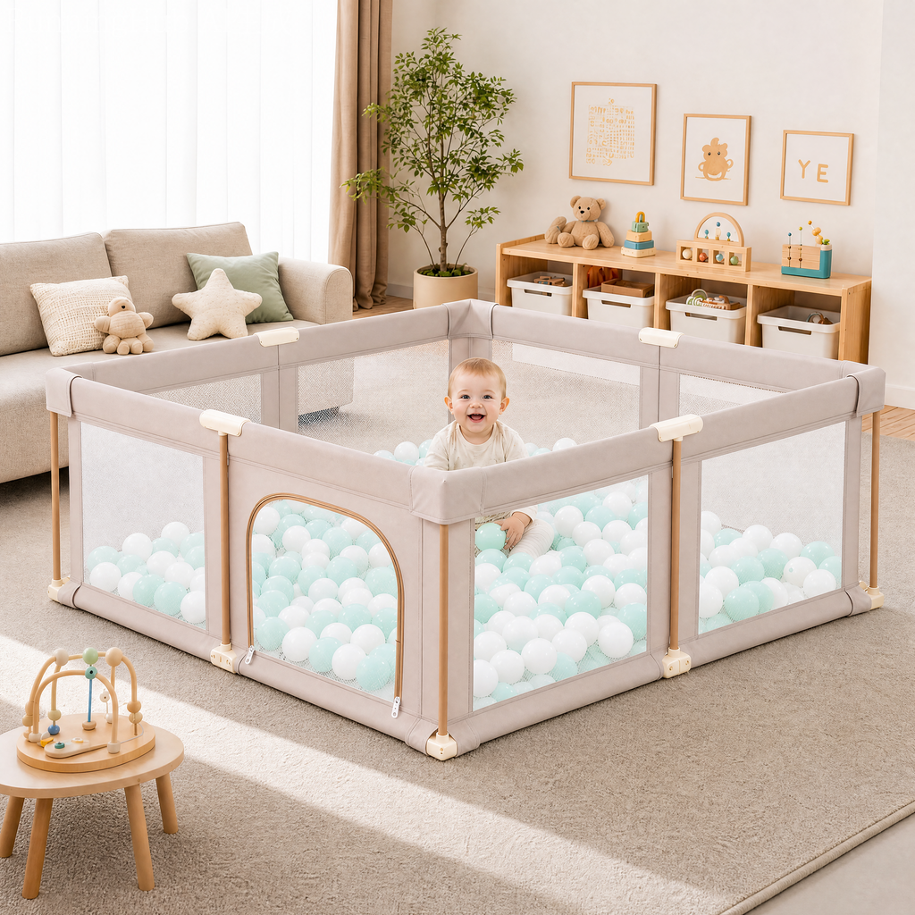 PRVAETU Foldable Baby Playpen with 50 Ocean Balls,Collapsible Play Pen for Babies and Toddlers,Khaki