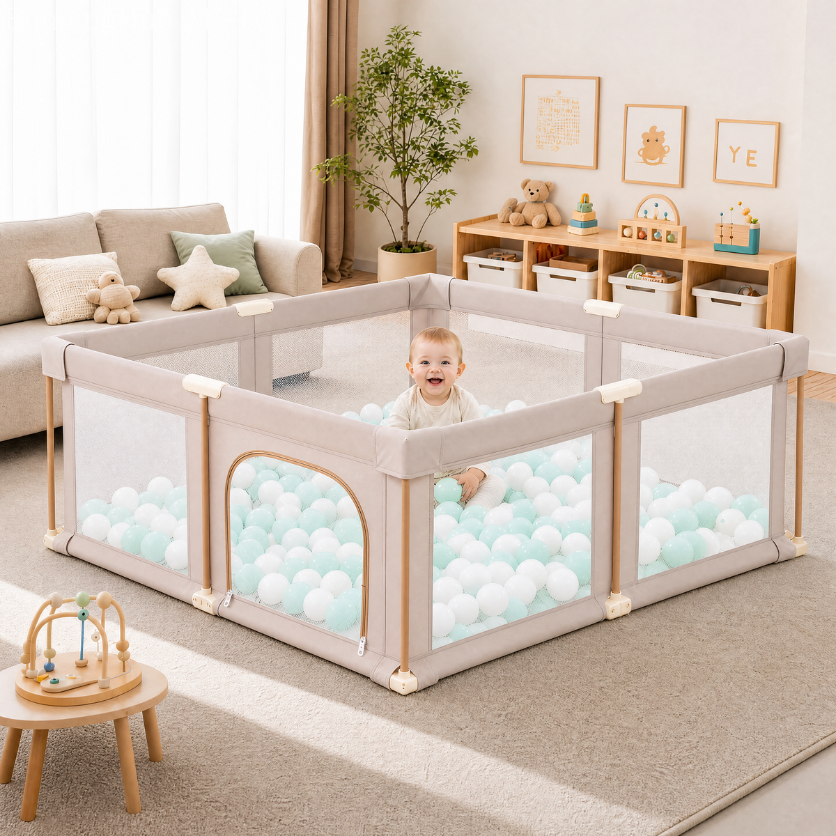PRVAETU Foldable Baby Playpen with 50 Ocean Balls,Collapsible Play Pen for Babies and Toddlers,Khaki