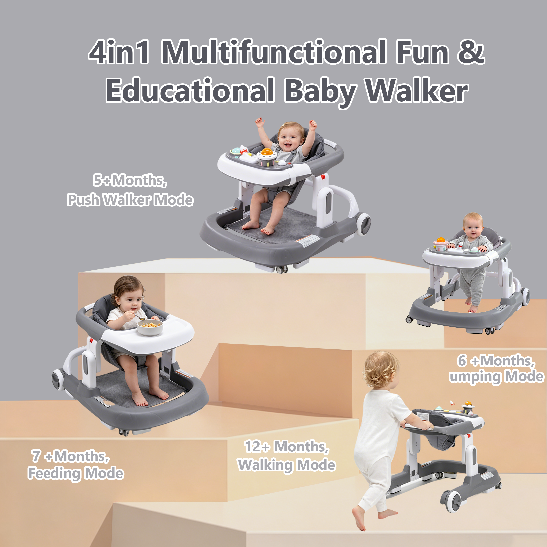 4-in-1 Baby Walker with Wheels, Adjustable Height, Music and Light for Girls Boys Infant 6-18 Months