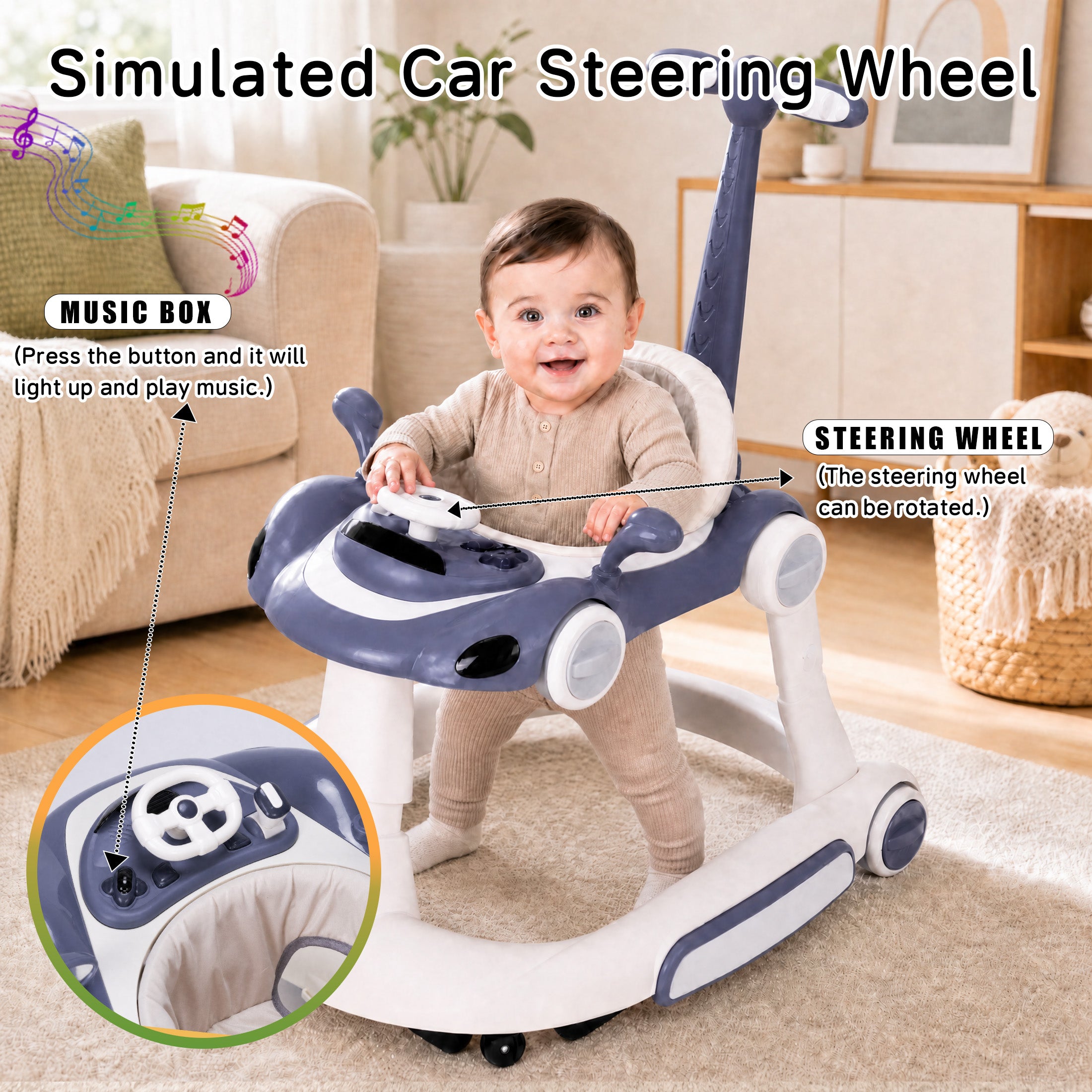 SIYI-Baby walker Baby Walker 5-in-1 for 6-18 Months Toddler, Interactive Sit-to-Stand Learning Walker with Music Lights, Bounce Panel, Lockable Wheels,