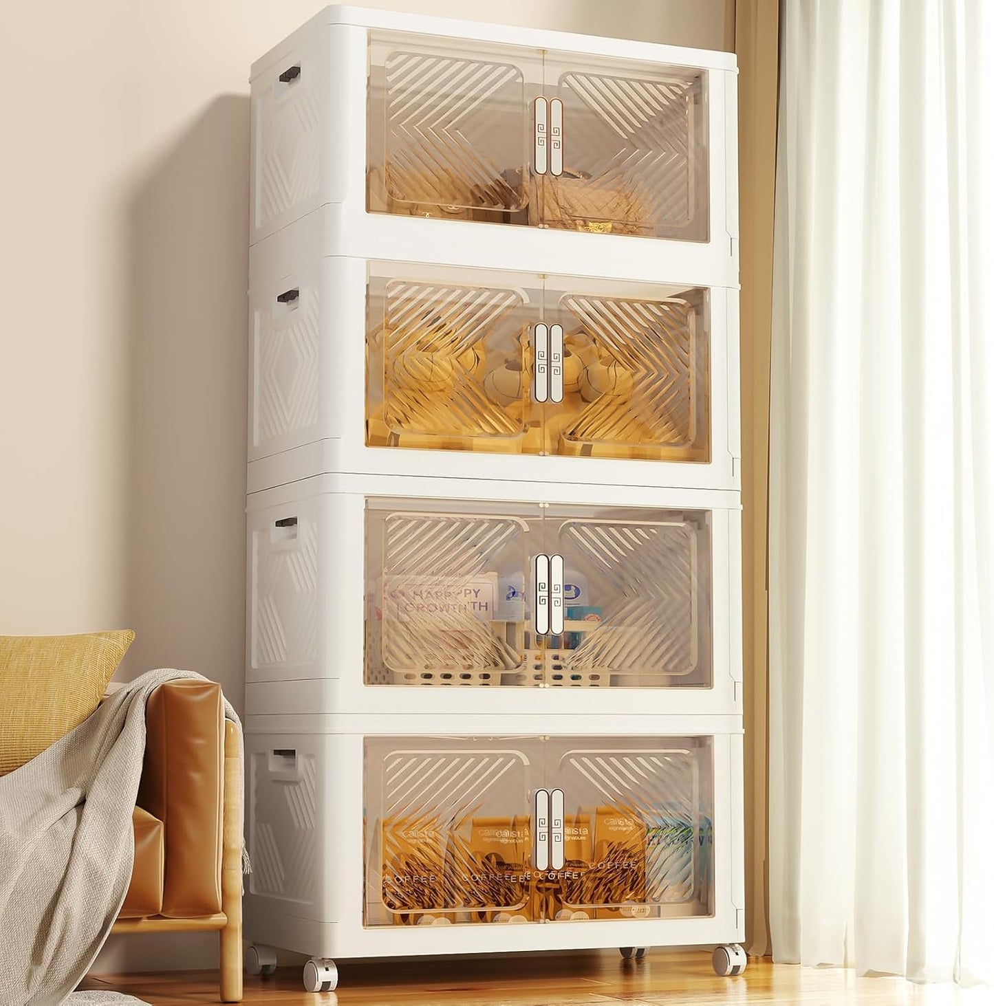 Storage Bins Storage Containers with Wheels and Magnetic Doors, Plastic Clothes Closet Organizers and Storage Box for Home and Office