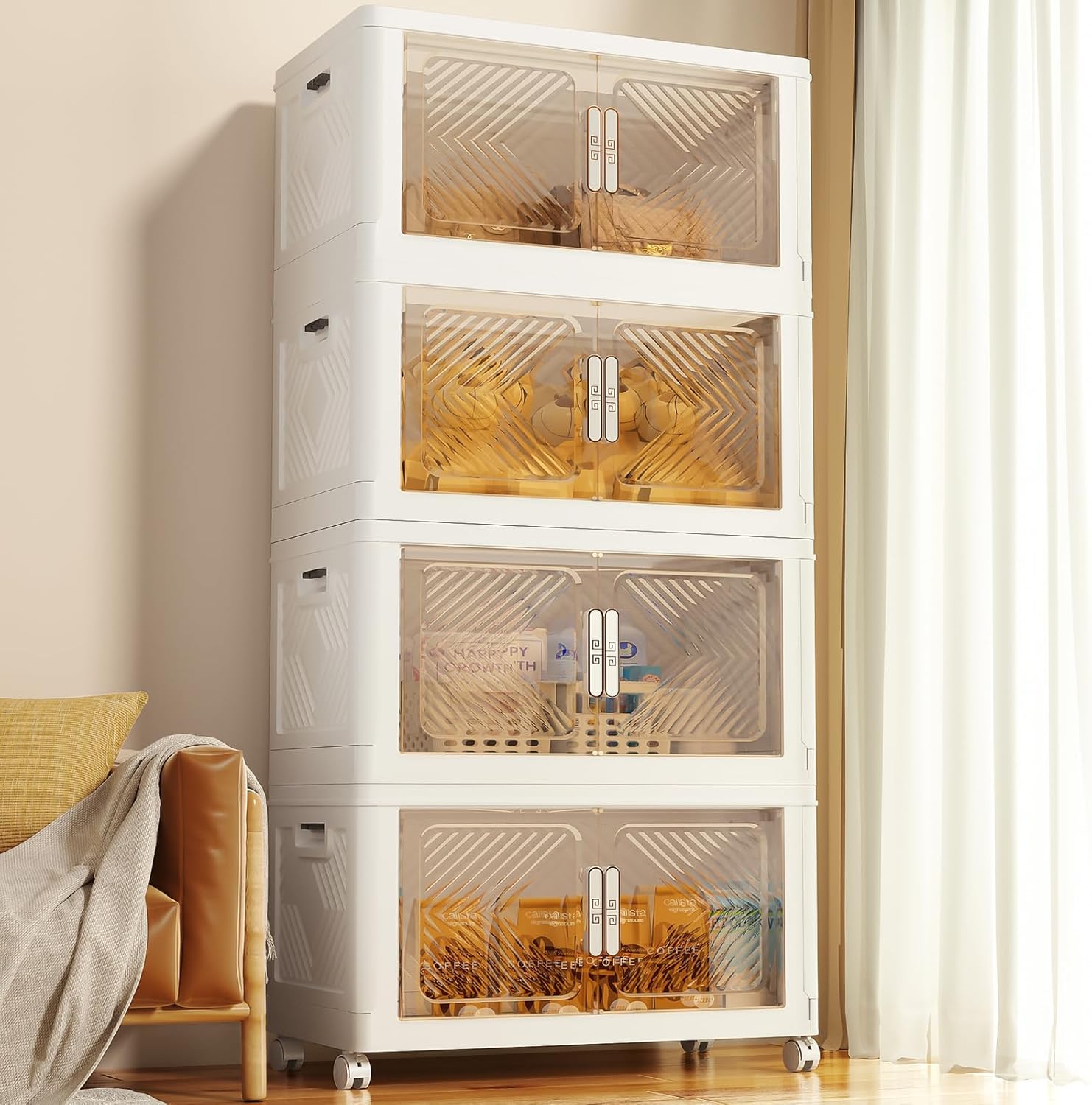Storage Bins Storage Containers with Wheels and Magnetic Doors, Plastic Clothes Closet Organizers and Storage Box for Home and Office