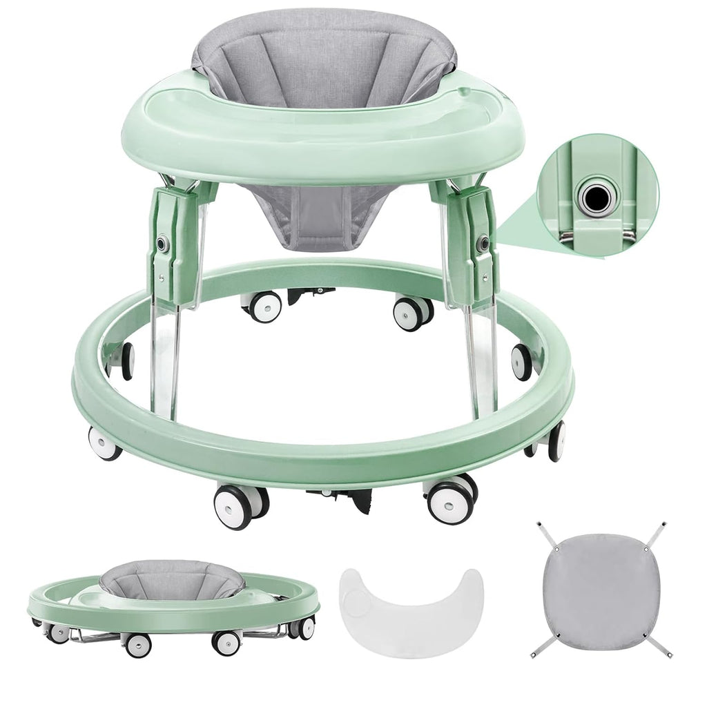 PRVAETU Foldable Baby Walker Activity Center W/ Wheels,Height Adjustable W/ Dinner Plate & Foot Pad for 6-18 Months Babies Infant Boys Girls