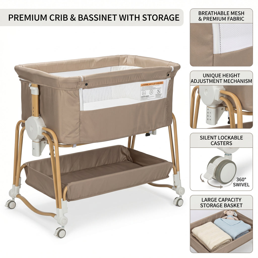 Baby Bassinet, Bedside Bassinet for Baby, Bassinet Bedside Sleeper with Mattress, Storage Basket and 4 Auto-Lock Wheels, Full-Mesh Sides, Bedside Mini Crib for Newborn (Beige)