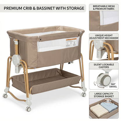Baby Bassinet, Bedside Bassinet for Baby, Bassinet Bedside Sleeper with Mattress, Storage Basket and 4 Auto-Lock Wheels, Full-Mesh Sides, Bedside Mini Crib for Newborn (Beige)