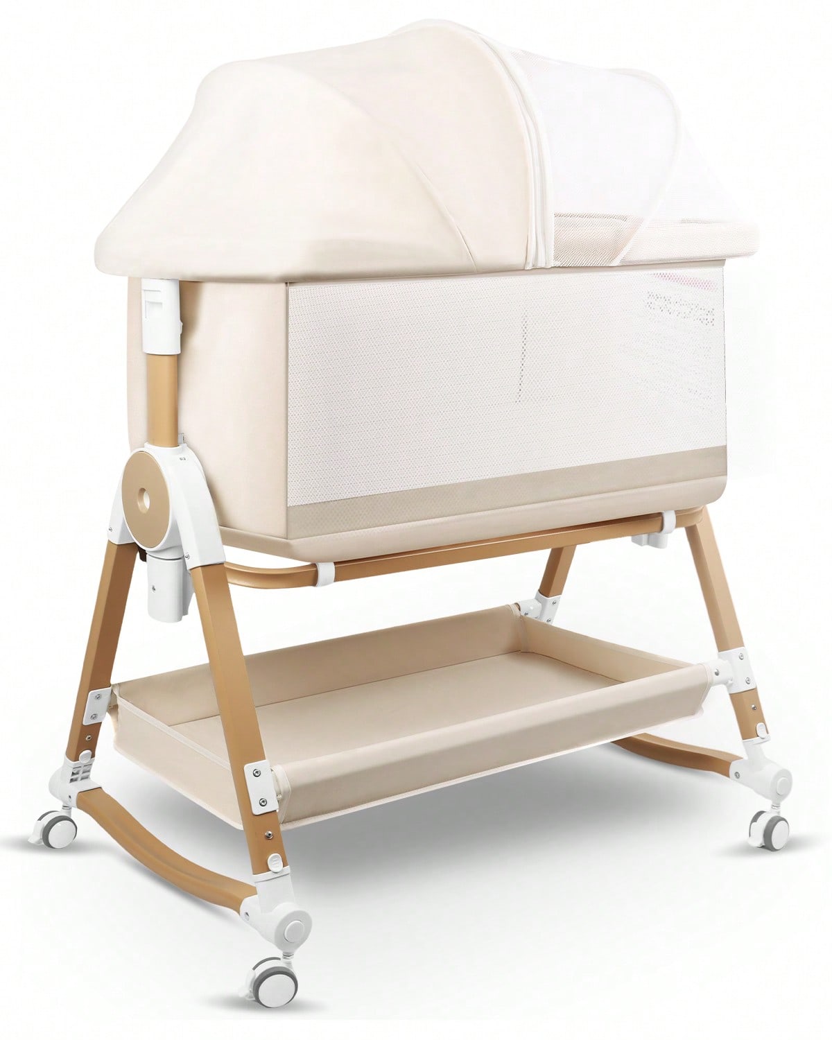 PRVAETU 4 in 1 Baby Bassinet Bedside Sleeper W/ Wheels,Storage Basket,Adjustable 7 Heights,Mosquito Net,Breathable Mesh Cradle for Infants Toddler