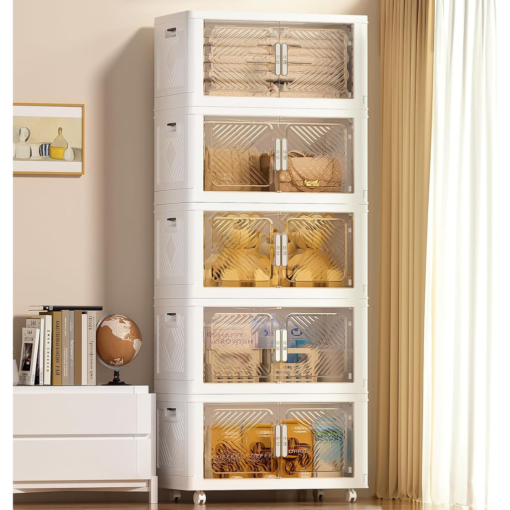 Storage Bins Storage Containers with Wheels and Magnetic Doors, Plastic Clothes Closet Organizers and Storage Box for Home and Office