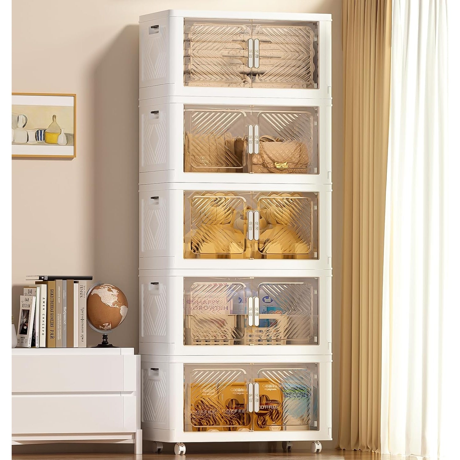 Storage Bins Storage Containers with Wheels and Magnetic Doors, Plastic Clothes Closet Organizers and Storage Box for Home and Office